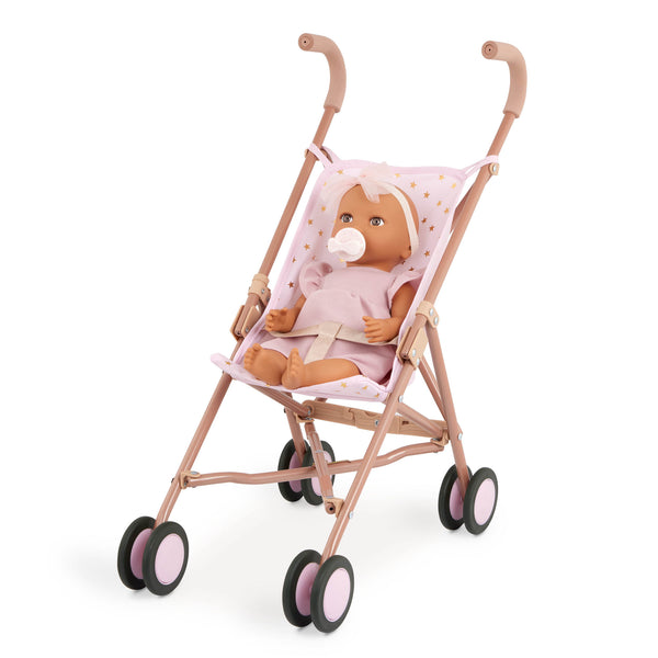 Babypuppe mit Schnuller im Kleid mit Stirnband