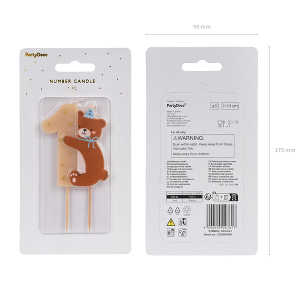 Geburtstagskerze 7 cm – Zahl 1 mit Teddybär