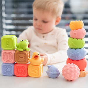 Sensorik-Bausteine Set Montessori 18-teilig mit Pyramide Bällen Tieren
