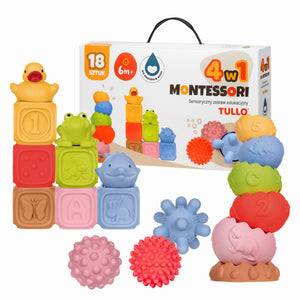 Sensorik-Bausteine Set Montessori 18-teilig mit Pyramide Bällen Tieren