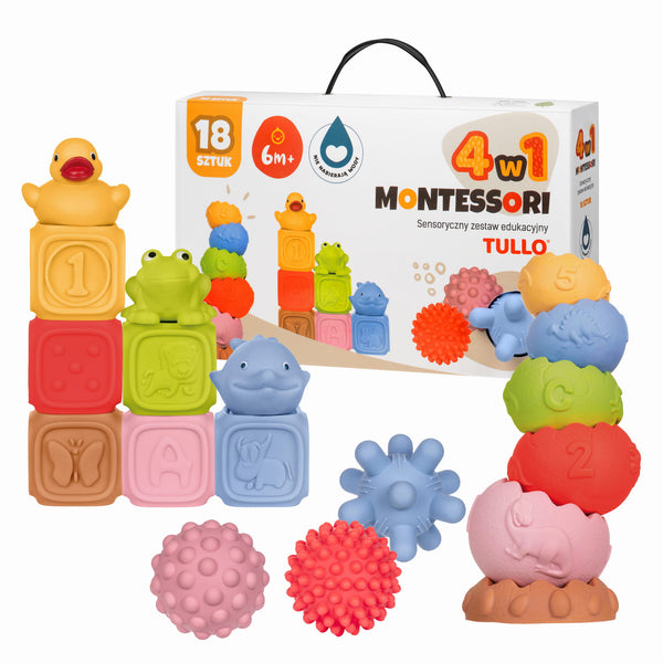 Sensorik-Bausteine Set Montessori 18-teilig mit Pyramide Bällen Tieren