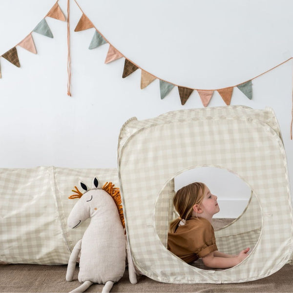 3-in-1-Zelt-Set für Kinder mit Tunnel  – Gingham Beige
