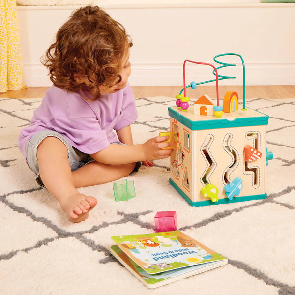 Holz-Lernwürfel mit Sortierer, Labyrinth und Buch – Lil’ Learning Cube 8 Teile