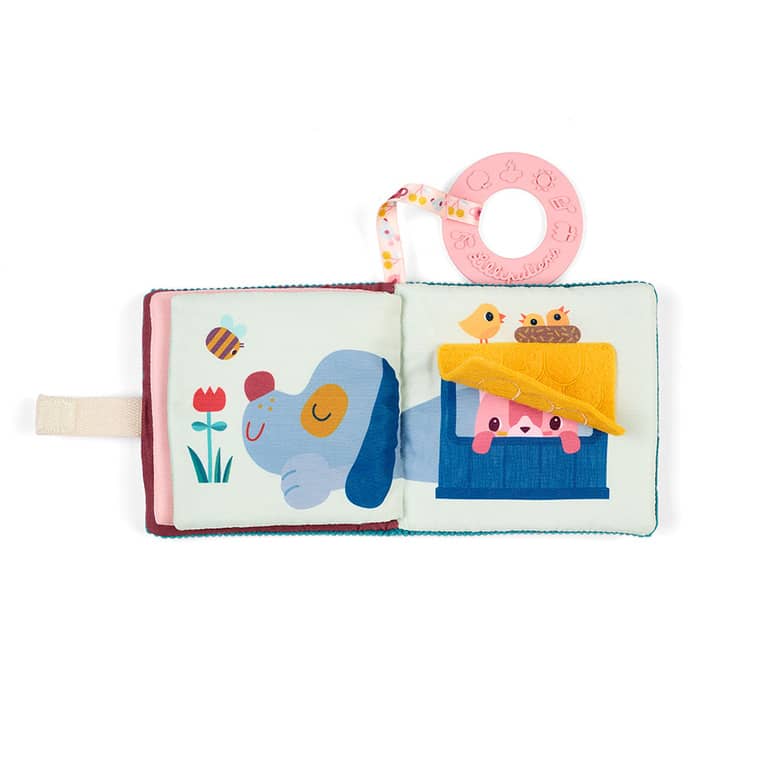 Weiches Multifunktions-Minibuch mit Silikon-Beißring – Jeanne, die Katze, ab 6 Monaten