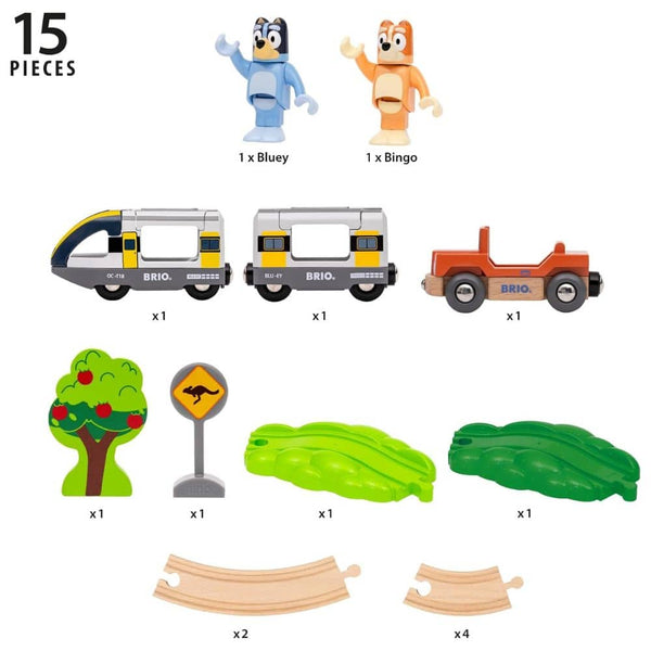 Übersicht aller 15 Teile des Bluey Train Sets