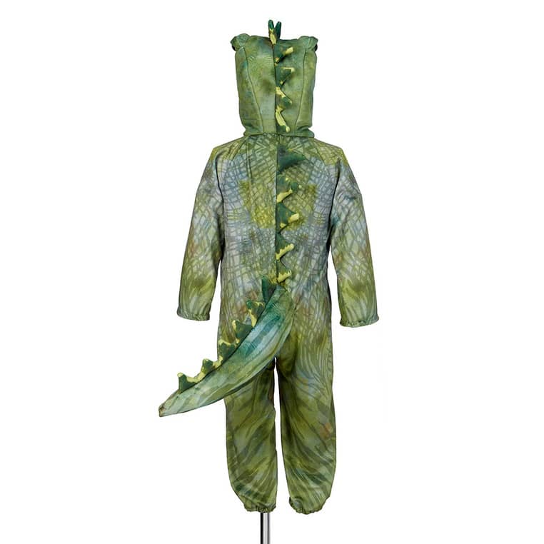 Olivgrüner Kigurumi-Overall T-Rex mit Dino-Kapuze und hellgrünem Bauch, Vorderansicht