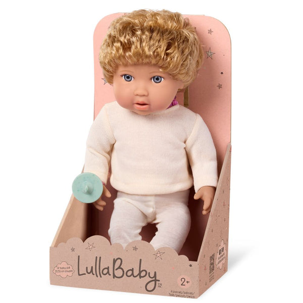 Baby-Jungenpuppe mit Haaren und Schnuller in einem zweiteiligen Outfit