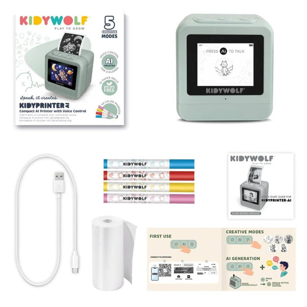 Kidywolf Kidyprinter AI - Lieferumfang mit Drucker, Kabel, Papierrolle, Markern und Anleitung