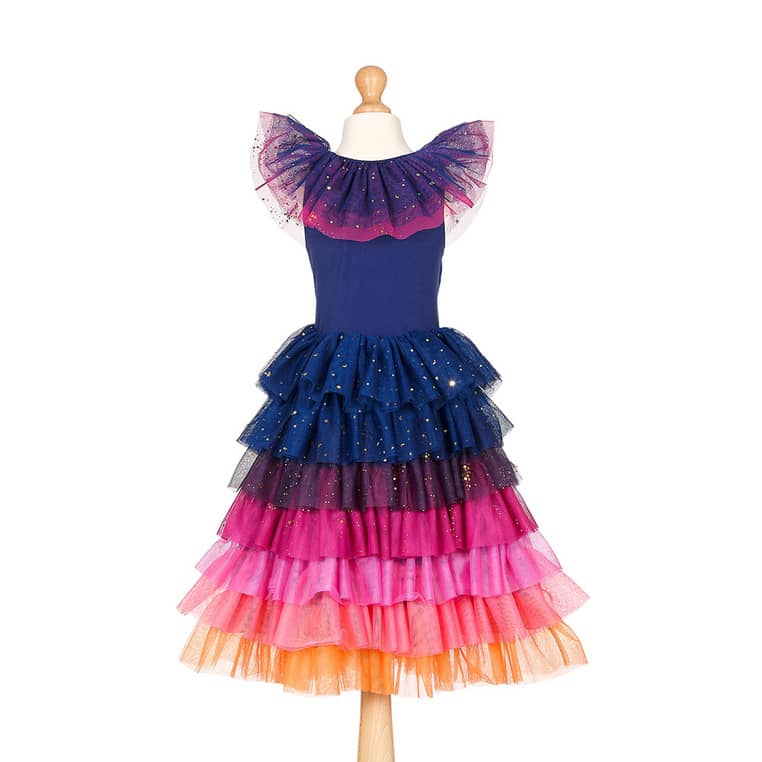 Mehrfarbiges Tüllkleid Dawn mit Rüschen in Dunkelblau, Pink und Orange auf einer Schneiderpuppe