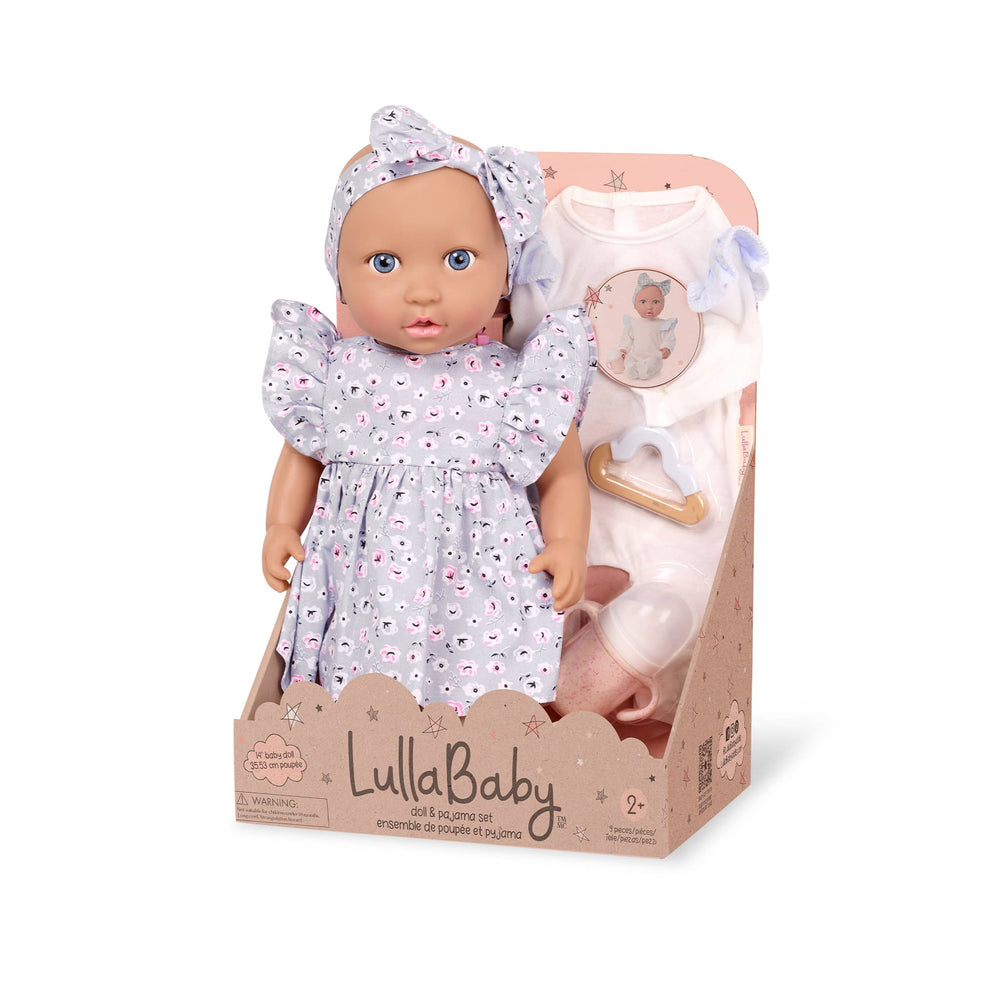 Babypuppe mit Kleid und Stirnband mit Strampler und Trinklernbecher