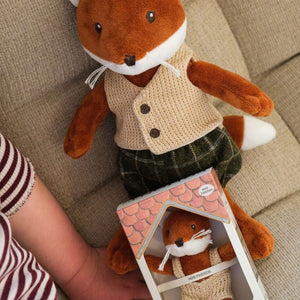 Kind hält den großen Fuchs Max und Mini Max im Karton