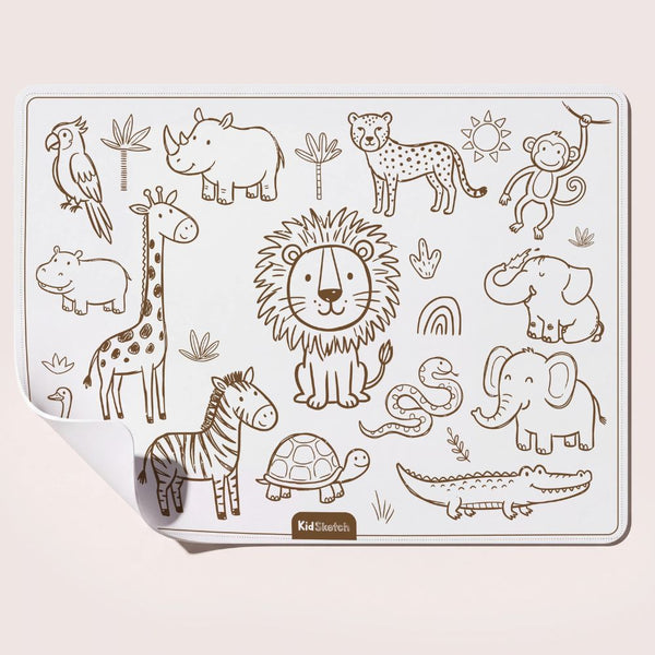 Ausmalseite Safari mit Löwe, Giraffe, Elefant und Zebra