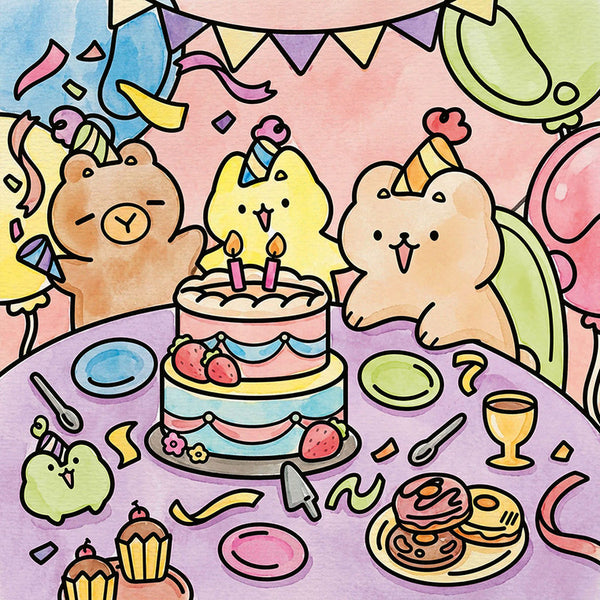 Aquarell-Motiv: Geburtstagsfeier mit Torte und Tierfreunden