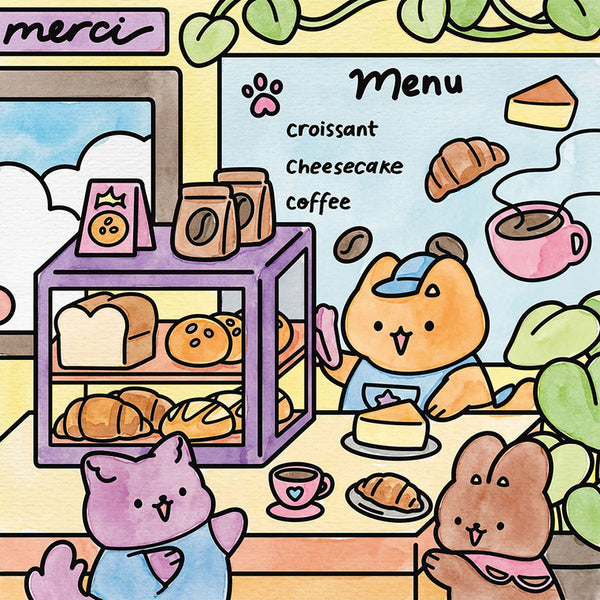 Aquarell-Motiv: Bäckerei mit Croissants und Tierfreunden