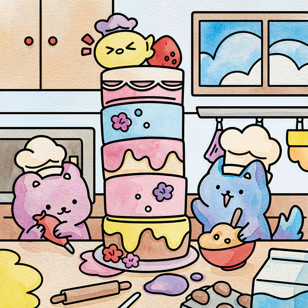Aquarell-Motiv: Tierfreunde backen gemeinsam eine Torte