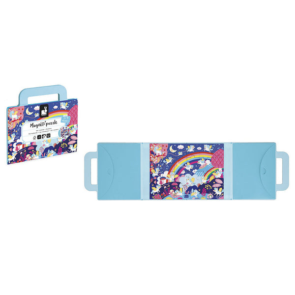 Janod Magnetpuzzle Einhörner - Verpackung und aufgeklapptes Puzzlebuch