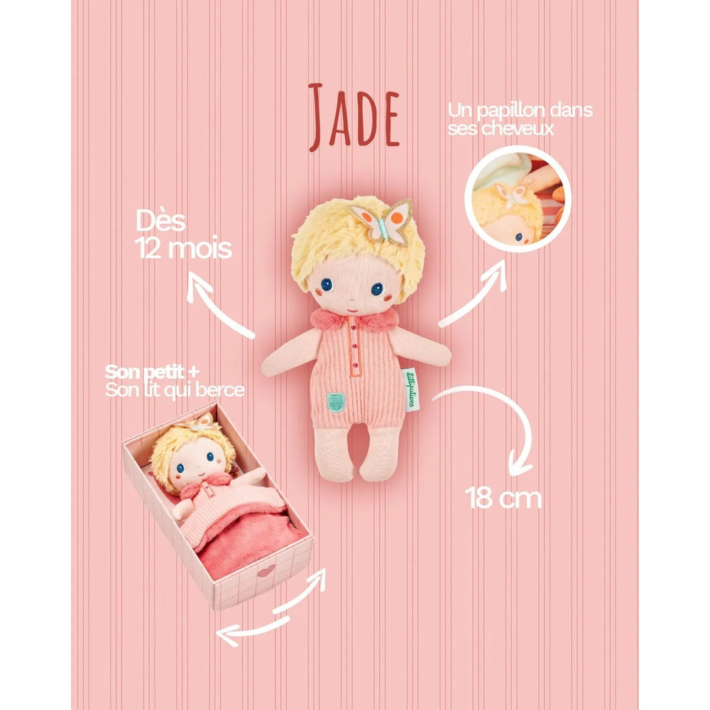 Mini-Puppe Jade von Lilliputiens in der Schachtel unter der Decke