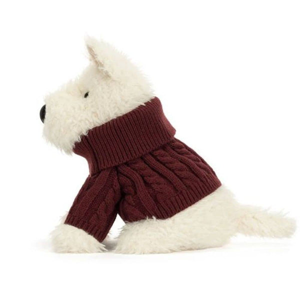 Jellycat Munro Scottie Dog - cremefarbener Plüsch-Terrier im bordeauxroten Pullover, 25 cm - Ansicht 3