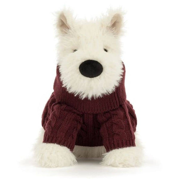 Jellycat Munro Scottie Dog - cremefarbener Plüsch-Terrier im bordeauxroten Pullover, 25 cm - Ansicht 2