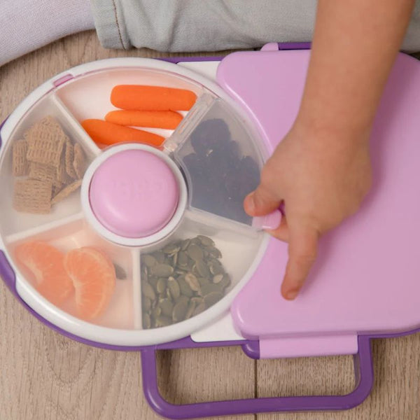 Frühstücksbox für Kinder Lunchbox Snack Spinner 2in1 – Trauben-Lila mit gesundem Snack assortiert