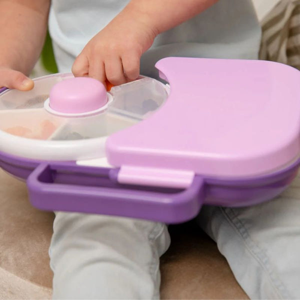 Frühstücksbox für Kinder Lunchbox Snack Spinner 2in1 – Trauben-Lila von Gobe mit praktischem Griff