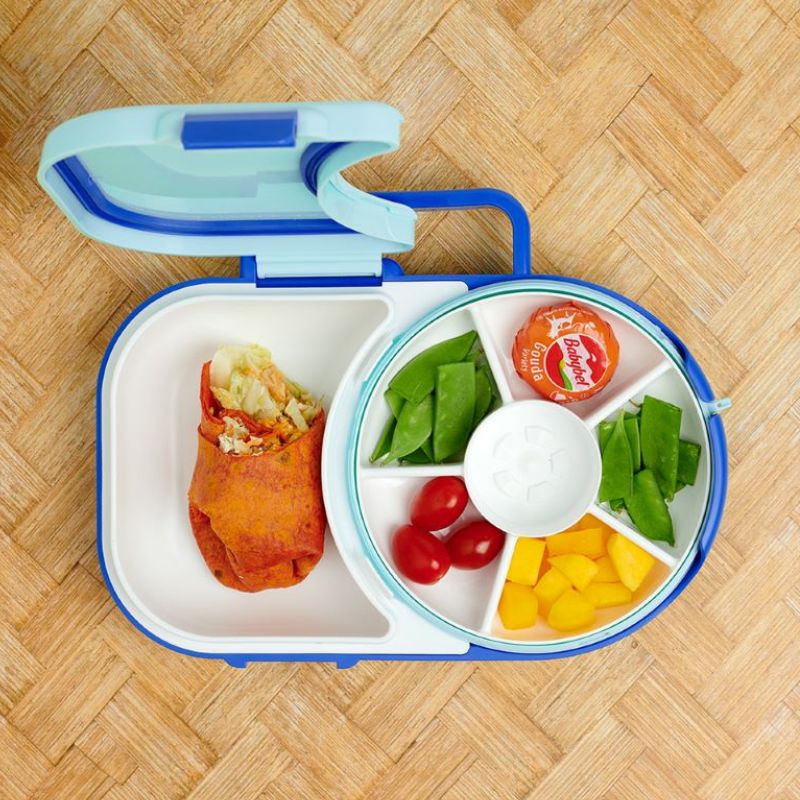 Gobe Frühstücksbox für Kinder Lunchbox Snack Spinner 2in1 – Blueberry Blue mit praktischem Griff und Fächern