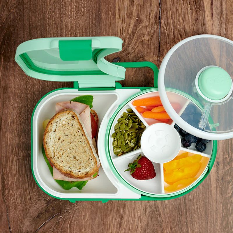 Frühstücksbox für Kinder Lunchbox Snack Spinner 2in1 – Sage Green Lunchbox mit drehbarem Fach und praktischem Griff