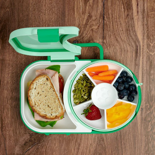 Frühstücksbox für Kinder Lunchbox Snack Spinner 2in1 – Sage Green mit Sandwich, Karotten, Beeren und Samen