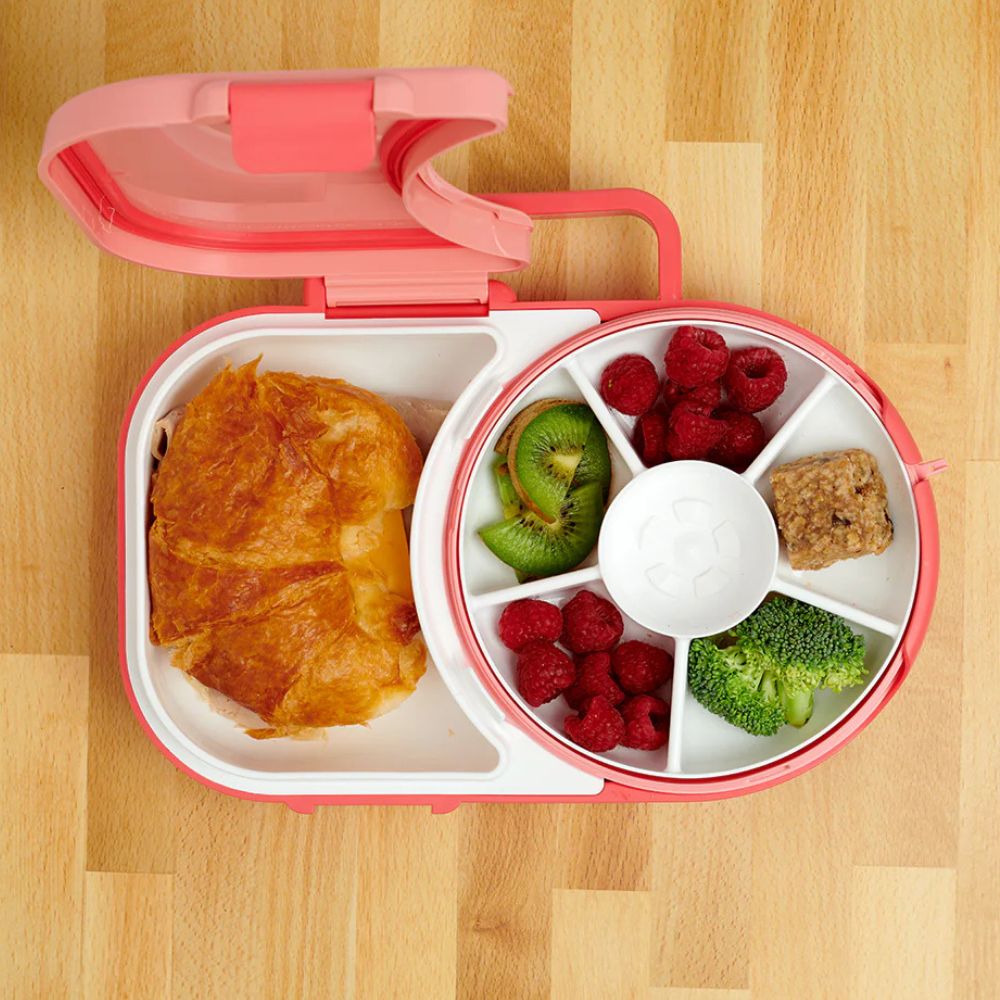 Frühstücksbox für Kinder Lunchbox Snack Spinner 2in1 – Wassermelone Pink von Gobe mit Tragegriff