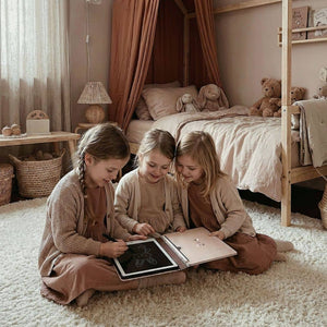 Drei Mädchen nutzen ein Grafiktablett für Kinder zeichnen im gemütlichen Kinderzimmer