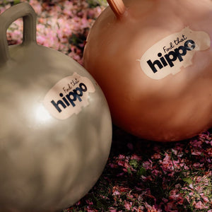 Zwei Hüpfball Grün von Find that Hippo, eine grüne und eine orange Hüpfball im Garten mit Griff