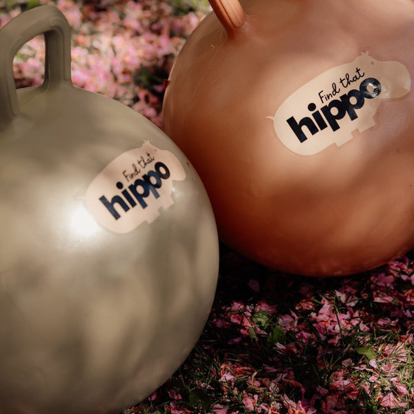 Zwei Hüpfball Grün von Find that Hippo, eine grüne und eine orange Hüpfball im Garten mit Griff
