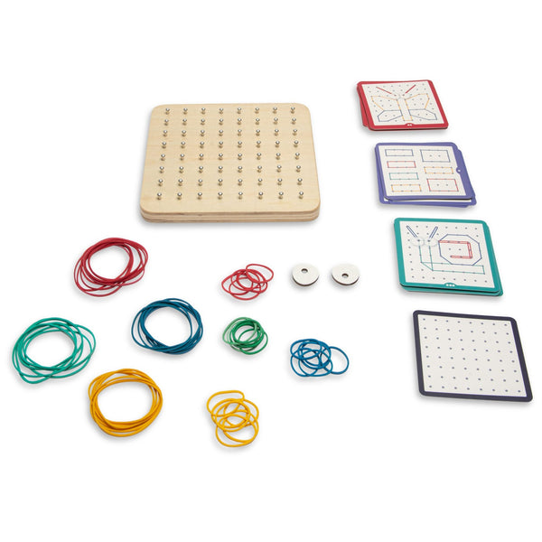BS Toys Holz Geoboard für Kinder mit Gummibändern und verschiedenen Mustervorlagen