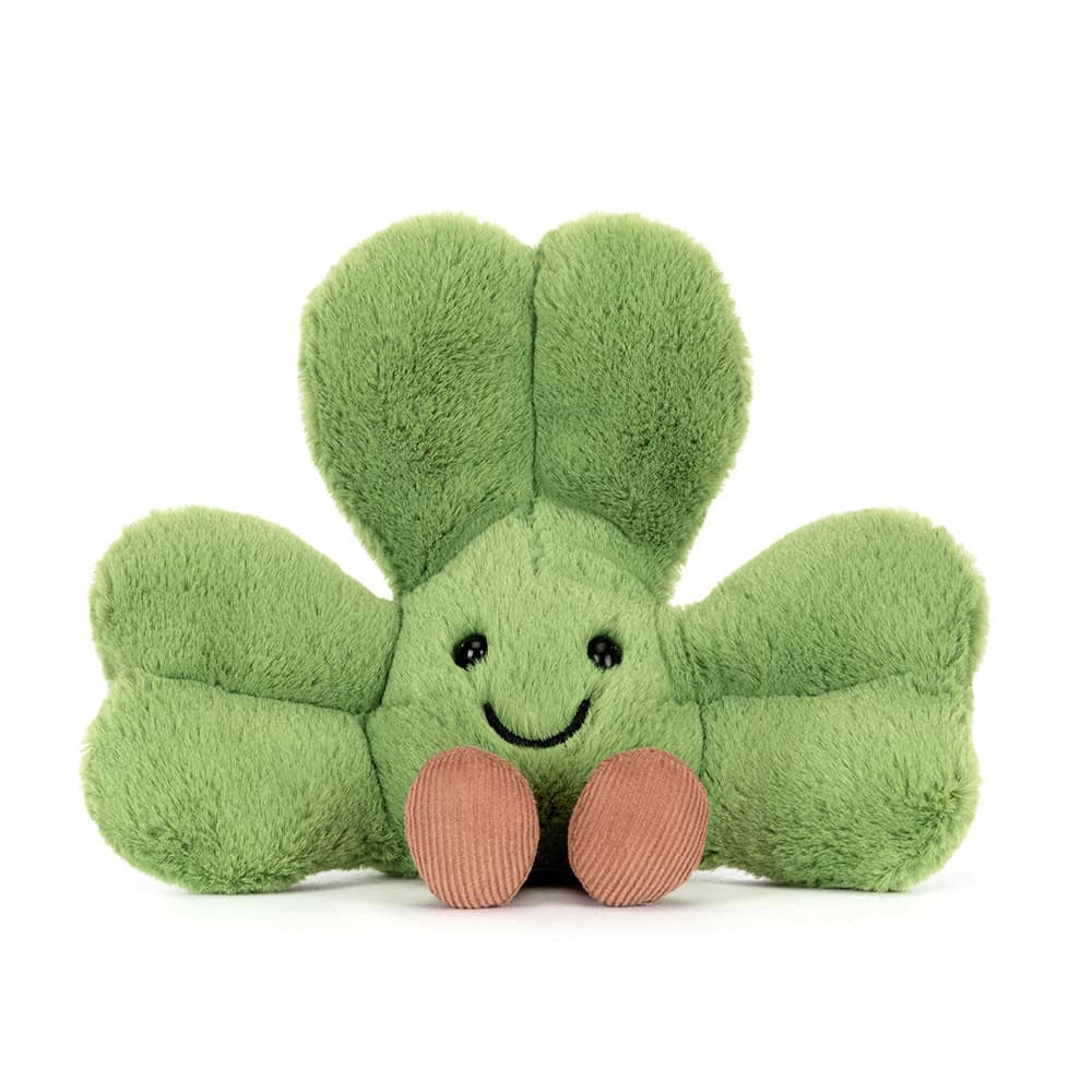 Jellycat Glücksklee Plüschspielzeug in grün mit lächelndem Gesicht für Kinder und Babys