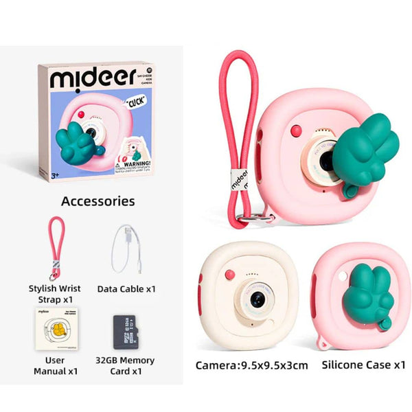 Mideer Kinderkamera rosa mit einer Silikonhülle und Zubehör für kleine Fotografen