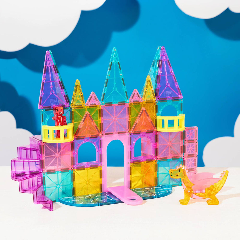 Magnetbausteine Schloss Set von MAGNA-TILES mit bunten Türmen und einer spielenden Drachenfigur