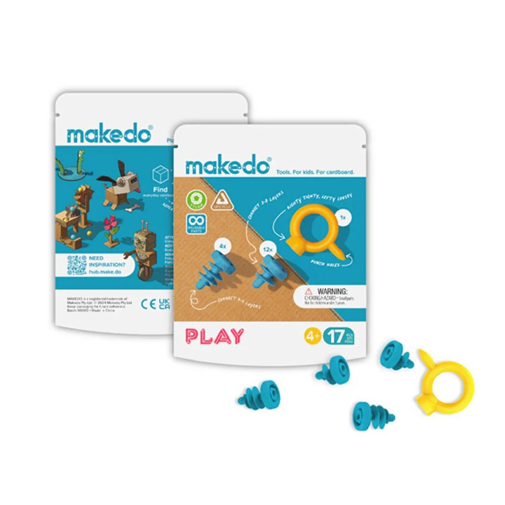 Makedo Zestaw konstrukcyjny DIY-Werkzeugset – Play 17-teilig mit blauen Schrauben und gelbem Werkzeugring