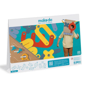 Makedo kreatives Formenset für Kinder mit bunten Formen und einem Kind in einer Bastelmaske