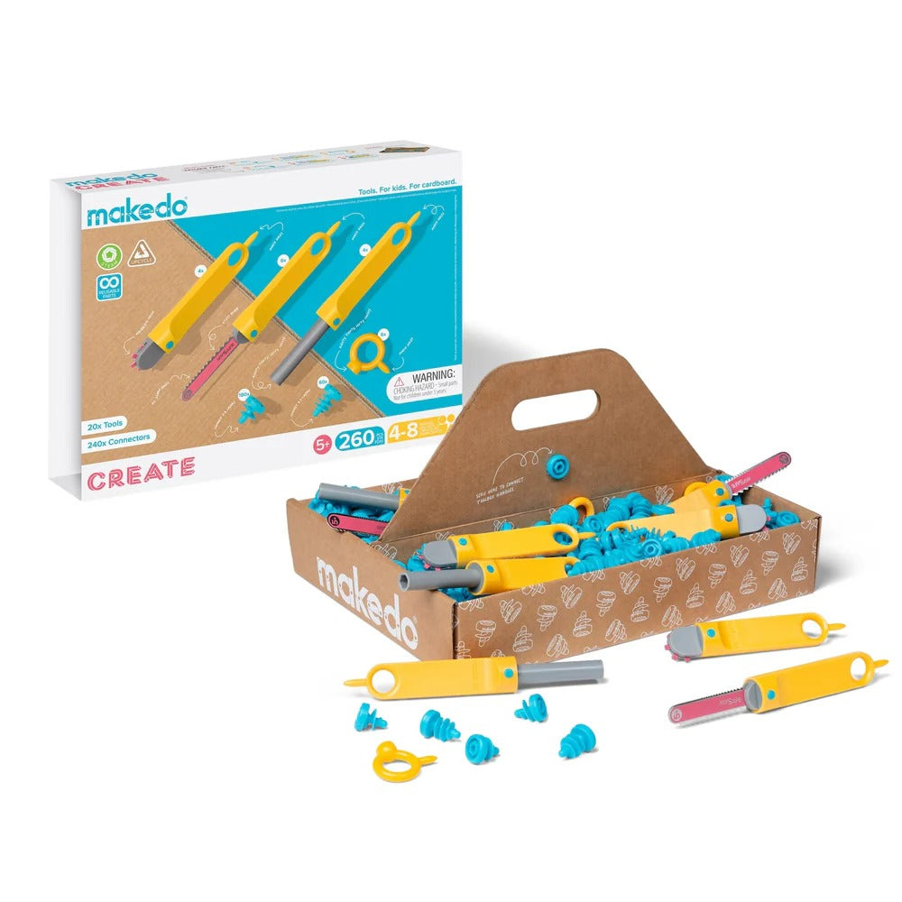 Makedo Werkzeugsatz für DIY-Konstruktionen mit gelben Werkzeugen und blauen Schrauben im Set