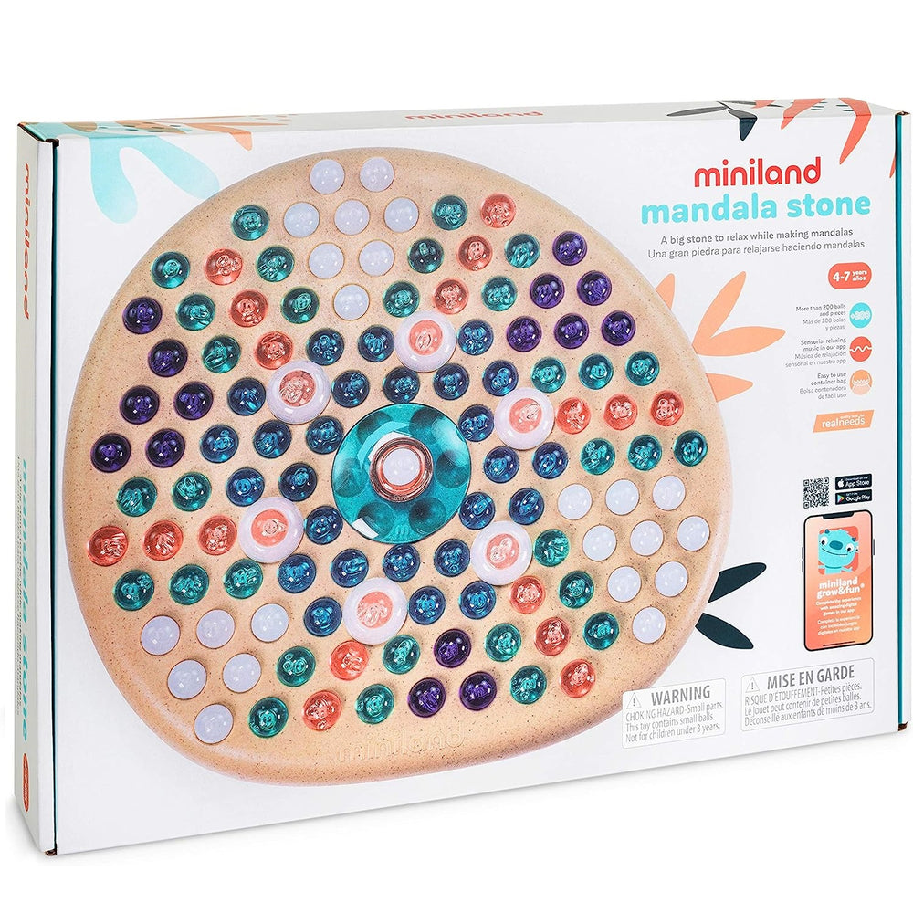 Miniland Układanka Puzzle – Mandala-Stein mit bunten Mandala-Steinen auf rundem Holzbrett