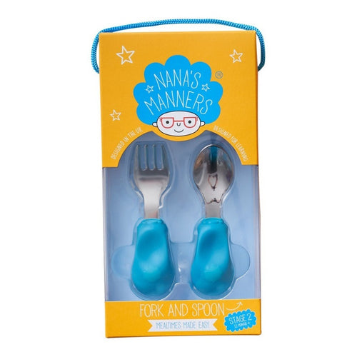Gabel und Löffel STUFE 2 – Blau von Nana's Manners im praktischen Verpackungsetui