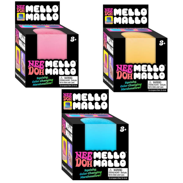 Needoh Mello Mallo Stressball von Schylling in pink, gelb und blau mit Farbwechsel und weichem Marshmallow-Effekt