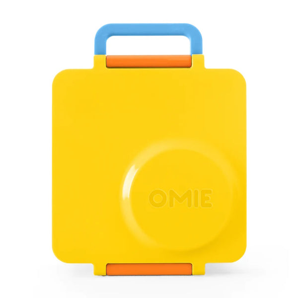 Lunchbox mit Thermosbehälter OmieBox – Sunshine in Gelb mit blauem Griff und orangefarbenen Verschlüssen