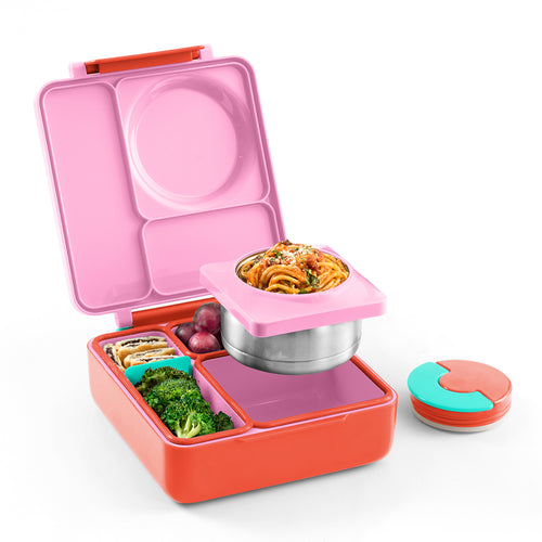 Lunchbox mit Thermoskanne OmieBox – Pink Berry mit mehreren Fächern und Edelstahl-Thermobecher