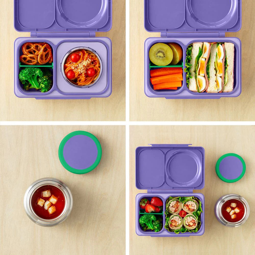 Lunchbox mit Thermosbehälter OmieBox Up – Galaxy Purple offene violette Lunchbox mit Edelstahl Thermosbehälter und kleinen Fächern