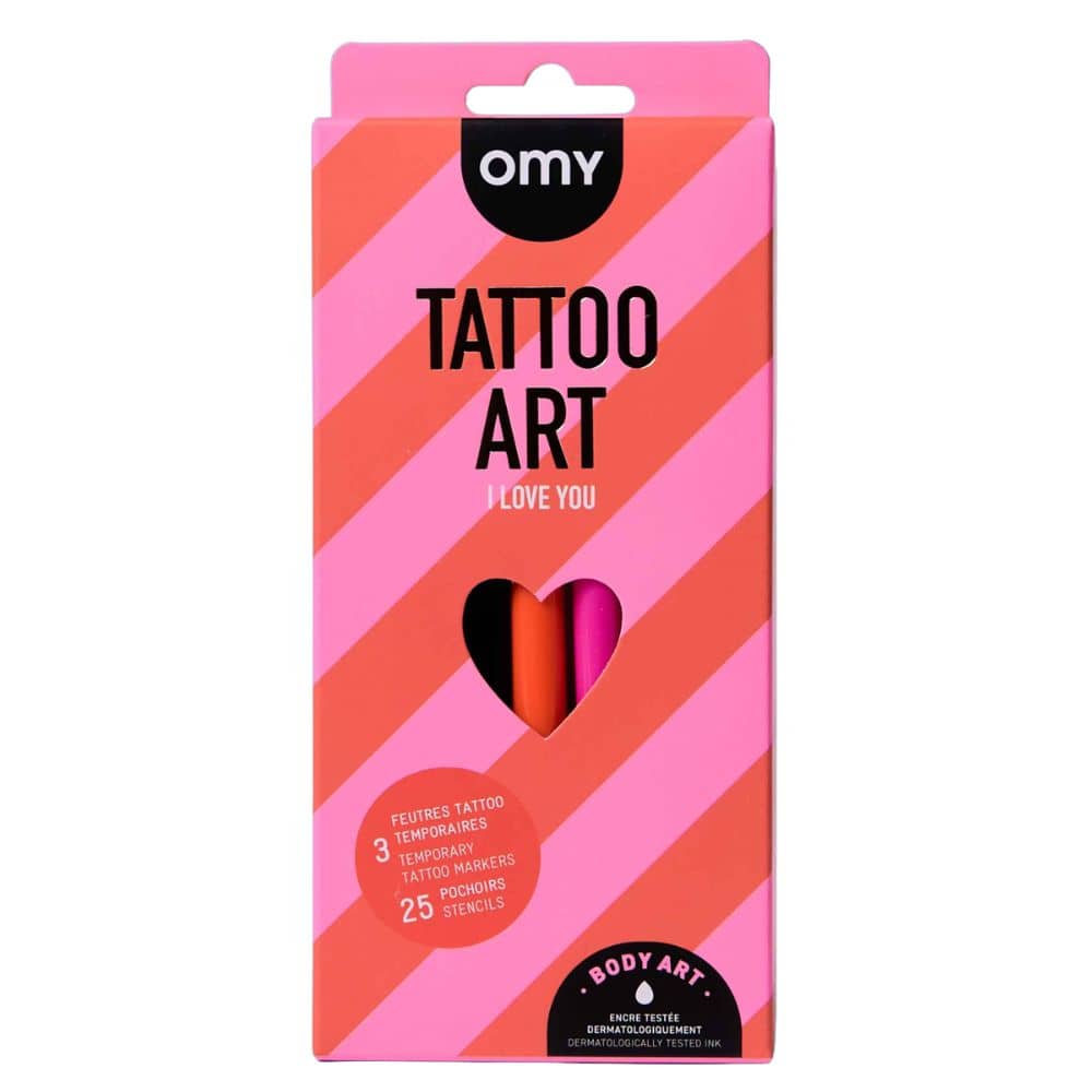 OMY Tattoo Marker Set für Kinder in rosa Verpackung mit Stencils und drei temporären Tattoo-Markern