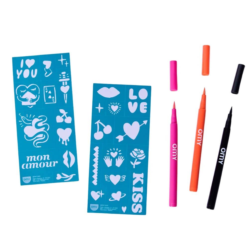 OMY Tattoo Marker Set für Kinder in rosa Verpackung mit Stencils und drei temporären Tattoo-Markern