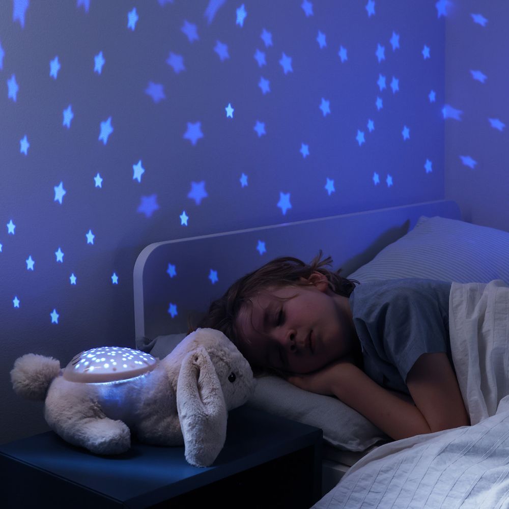 Plüsch-Baby-Projektor in Form eines grauen Hasen mit Sternenhimmel-Projektion für Babys