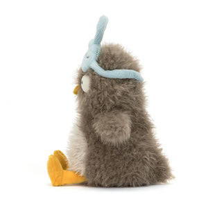 Jellycat Plüsch-Eule 24 cm in Grau mit blauen Ohren und gelben Füßen, ideal für Kinder zum Kuscheln