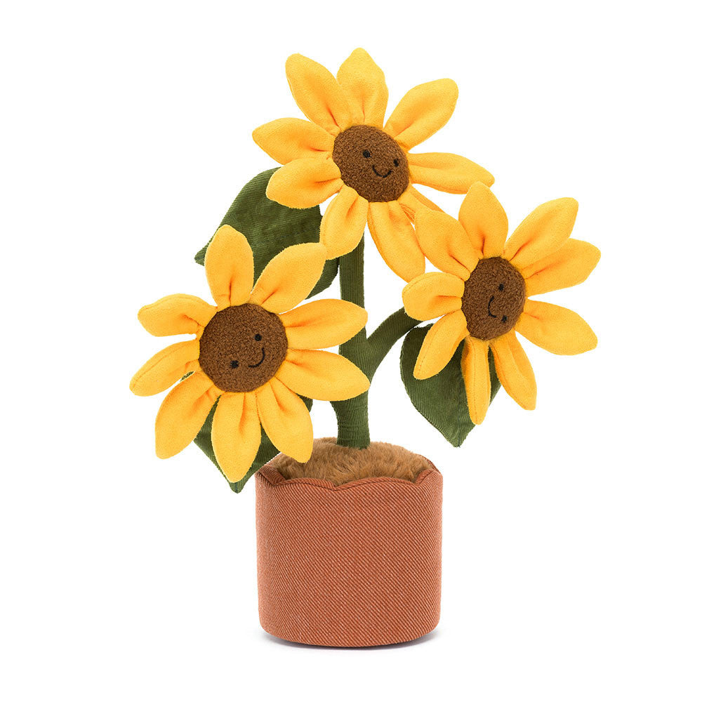 Jellycat Plüsch-Sonnenblumen 35 cm Kuschelblumen im Topf mit lächelnden Gesichtern